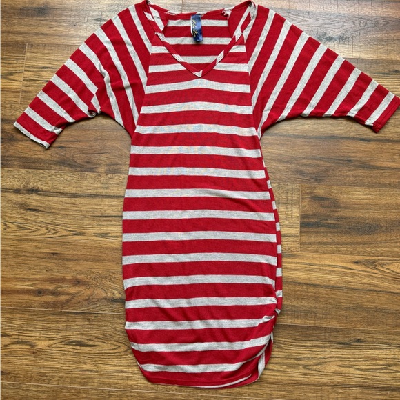 Small Blue Rain Red and Gray Stripe Midi Dress. - Picture 1 of 6